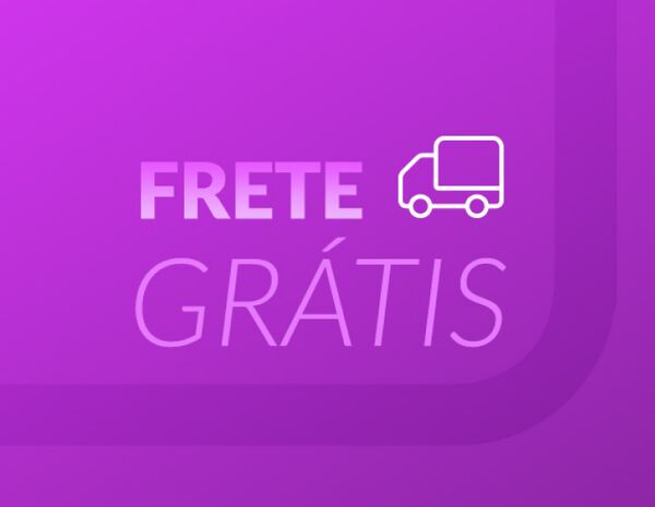 Em fundo em tons de roxo, ilustração branca de caminhão com texto “frete grátis”.