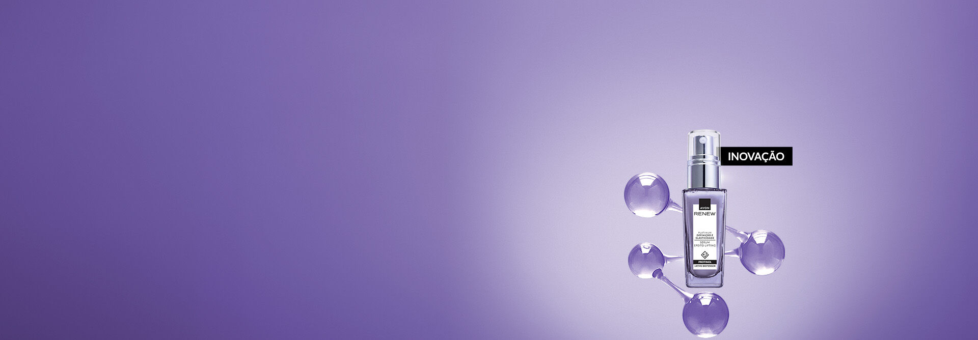 Renew Platinum Sérum Lift em fundo roxo com moléculas ao redor do produto e selo inovação.