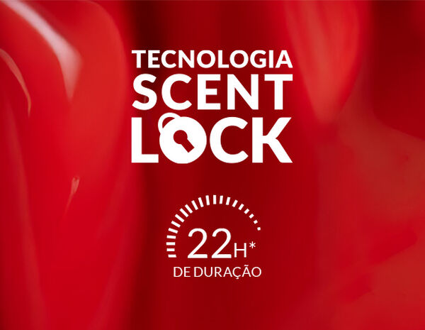 Selo "Tecnologia Scent Lock" e selo "22h de duração", em branco, sobre fundo vermelho.
