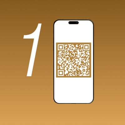Algarismo 1 ao lado de tela de celular com imagem de QR Code. Fundo bege.