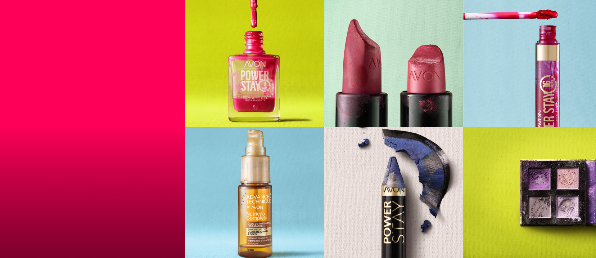Mosaico colorido exibe maquiagens Avon pós-uso: esmalte rosa, batons cremosos, batom líquido, óleo capilar, lápis de olhos com uma lasca de ponta e paleta de sombras roxas.