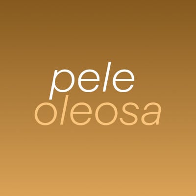 Texto “pele oleosa” em branco e amarelo, em fundo bege.