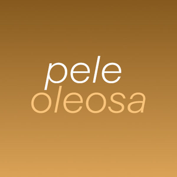 Texto “pele oleosa” em branco e amarelo, em fundo bege.