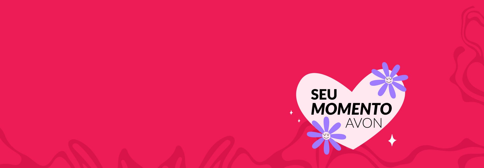 Ilustração com coração rosa-claro, flores roxas sorridentes e a frase 'Seu Momento Avon' em destaque, sobre fundo rosa com formas orgânicas.