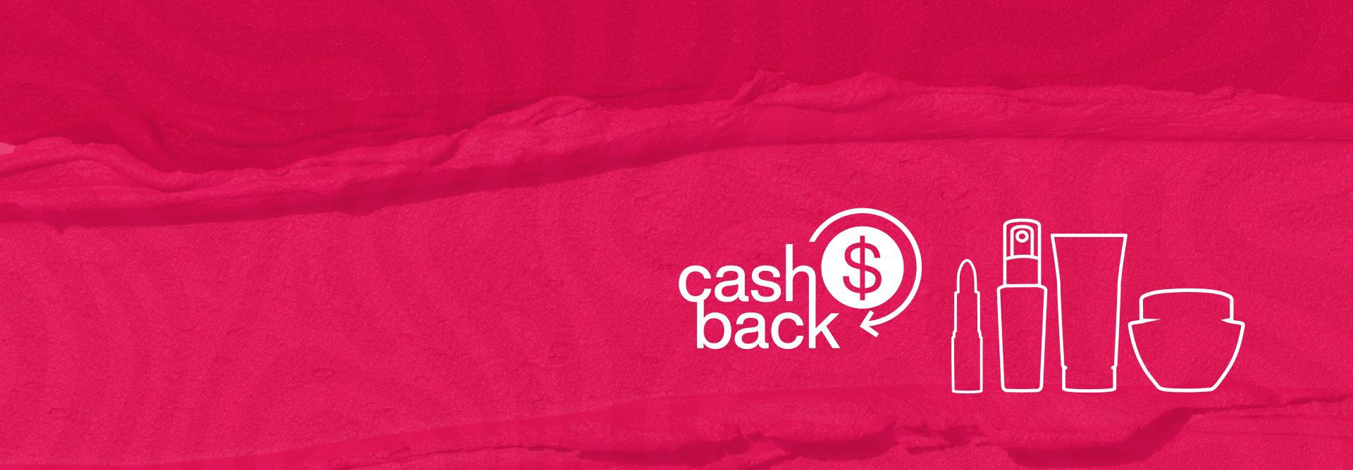 Imagem com fundo vermelho texturizado mostra silhuetas brancas de quatro produtos Avon. Ao lado, ícone branco minimalista com a palavra "cashback".