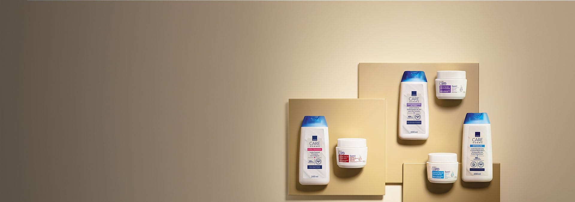 Banner com fundo bege com produtos Avon Care dispostos em placas douradas: loções e cremes hidratantes. Texto: "Praticidade e cuidado para sua rotina de beleza e bem-estar.
