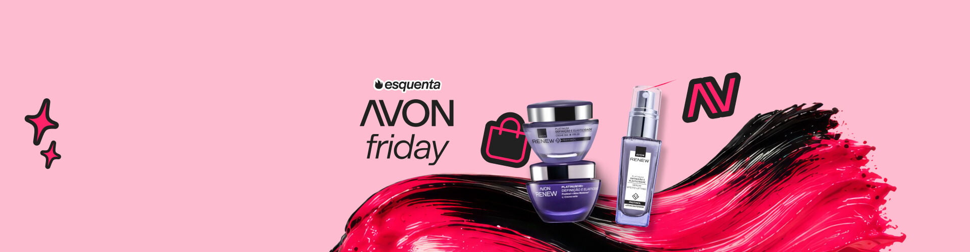 Produtos Avon Renew Platinum dispostos sobre fundo rosa vibrante com pinceladas pretas e ícone de sacola. Texto: "esquenta AVON friday".