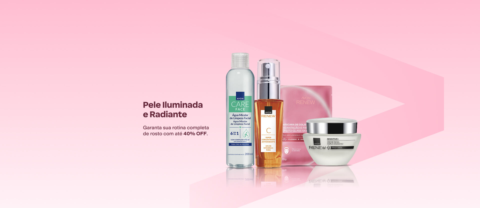 Produtos Avon Care e Renew em fundo rosa. Texto: "Pele Iluminada e Radiante. Garanta sua rotina completa de rosto com até 40% OFF".