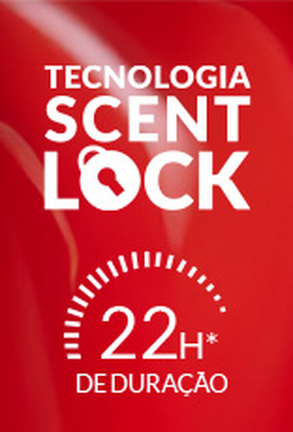 Selo "Tecnologia Scent Lock" e selo "22h de duração", em branco, sobre fundo vermelho.