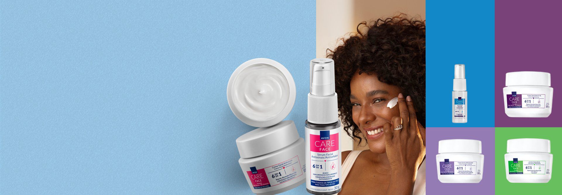 Mulher negra de cabelo cacheado sorri e passa creme no rosto. Ao redor dela, frascos de Creme Facial e de Sérum Facial da linha Avon Care. Completa a imagem um coração branco com textura cremosa.