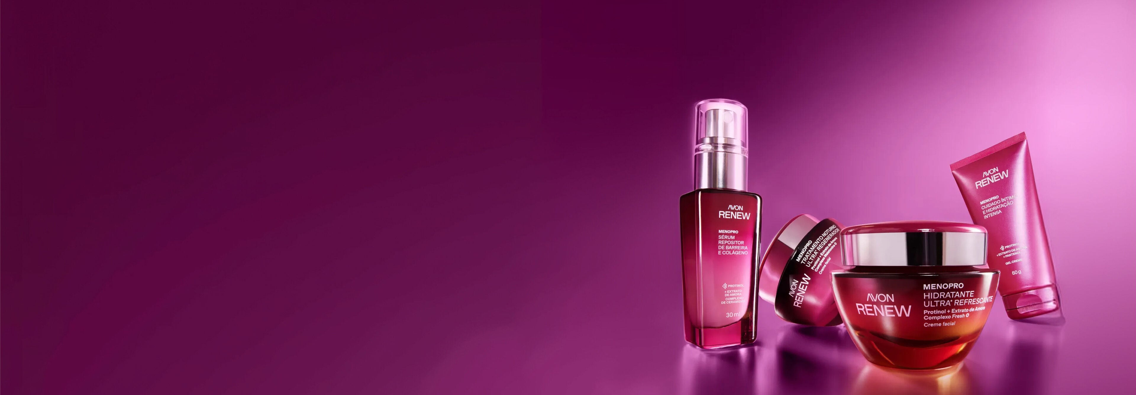 Quatro produtos da linha Avon Renew Menopro em embalagens arroxeadas dispostas sobre fundo magenta. A seleção reúne sérum repositor de barreira e colágeno, cremes faciais e cuidado íntimo.