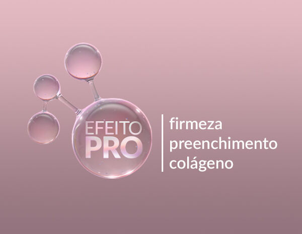 Efeito PRO em forma de molécula e texto: firmeza preenchimento e colágeno em fundo em tom creme.