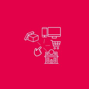 Imagem com fundo vermelho mostra ícones brancos minimalistas de carrinhos de compras, smartphone e computador, uma loja física, uma caixa de produto aberta e uma mão apontando, indicando a ação de escolha do consumidor.