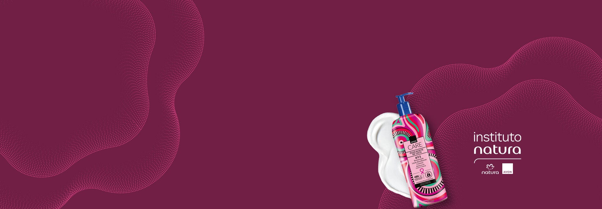 Avon Care Óleo de Coco Loção Decorada Corporal, com textura do produto, em fundo rosa com grafismos também em rosa e a logo do Instituto Natura. 