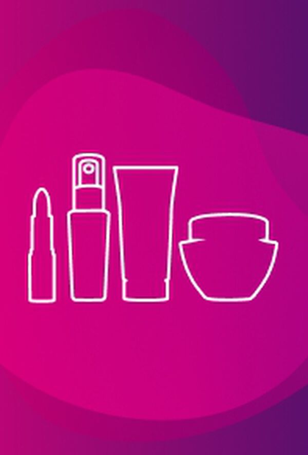 Em fundo em tons de rosa e roxo, ilustrações de silhuetas de produtos Avon: batom, frasco com válvula, bisnaga e pote.