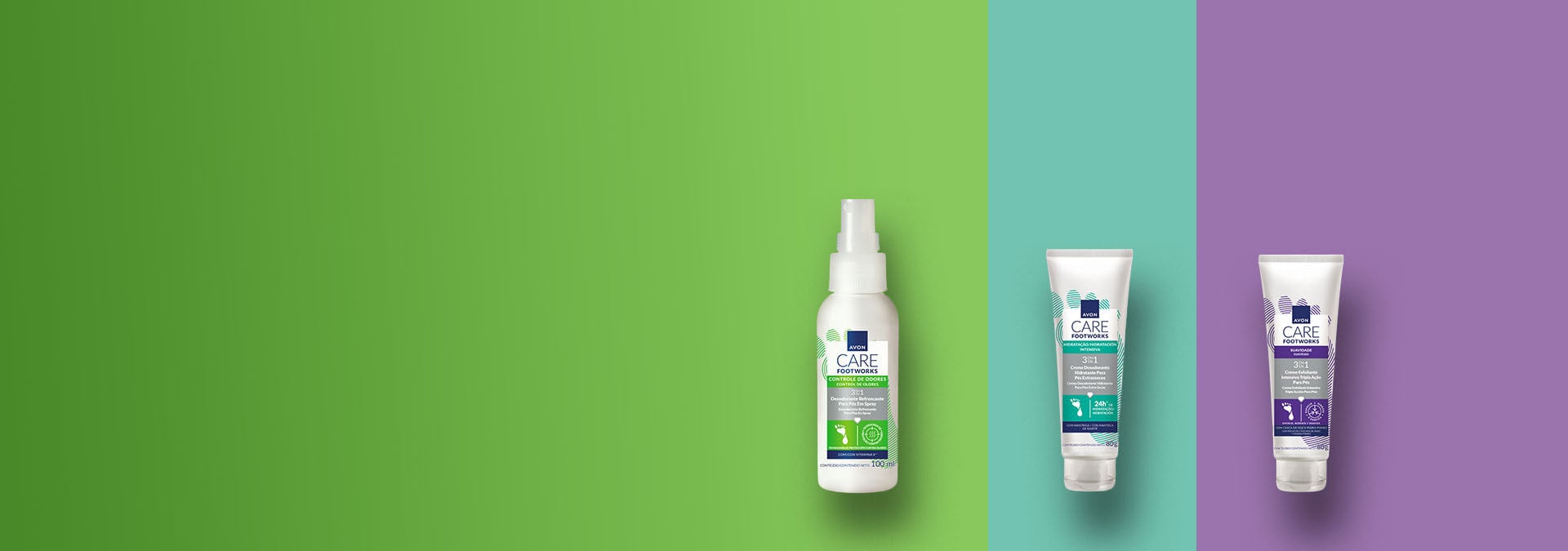 Banner com fundo em gradiente verde, azul e roxo. Elementos incluem produtos para cuidados dos pés da Avon. Os itens promovem pés saudáveis e macios. Texto: "Cuide dos seus pés todos os dias!