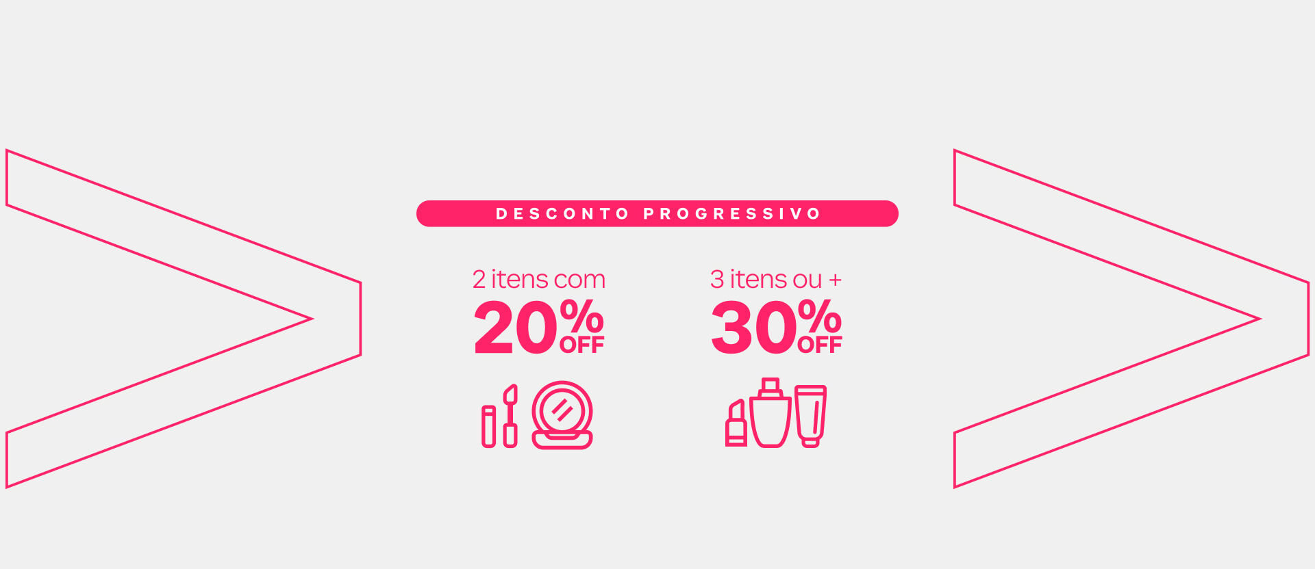 Fundo cinza-claro com a silhueta da letra "A" de Avon em linhas rosa-choque. Texto: "Desconto progressivo: 2 itens com 20% off" e "3 itens ou mais com 30% off". Abaixo há o botão "comprar".
