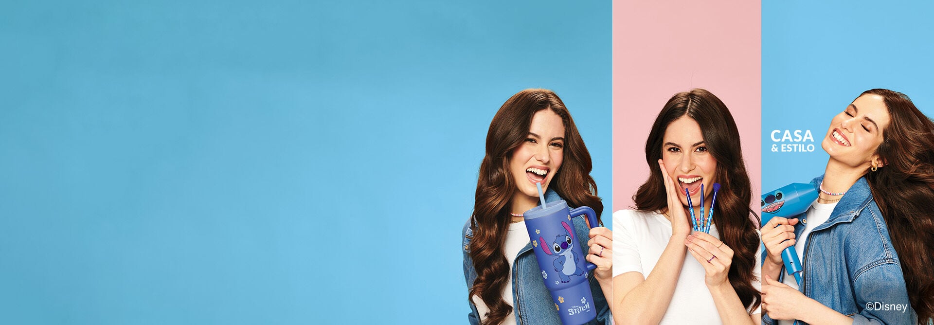 Mulher branca de cabelos castanhos e longos em três atitudes diferentes com itens Stitch: segurando Copo Térmico, Kit de Pincéis e Secador, em fundo azul e rosa.
