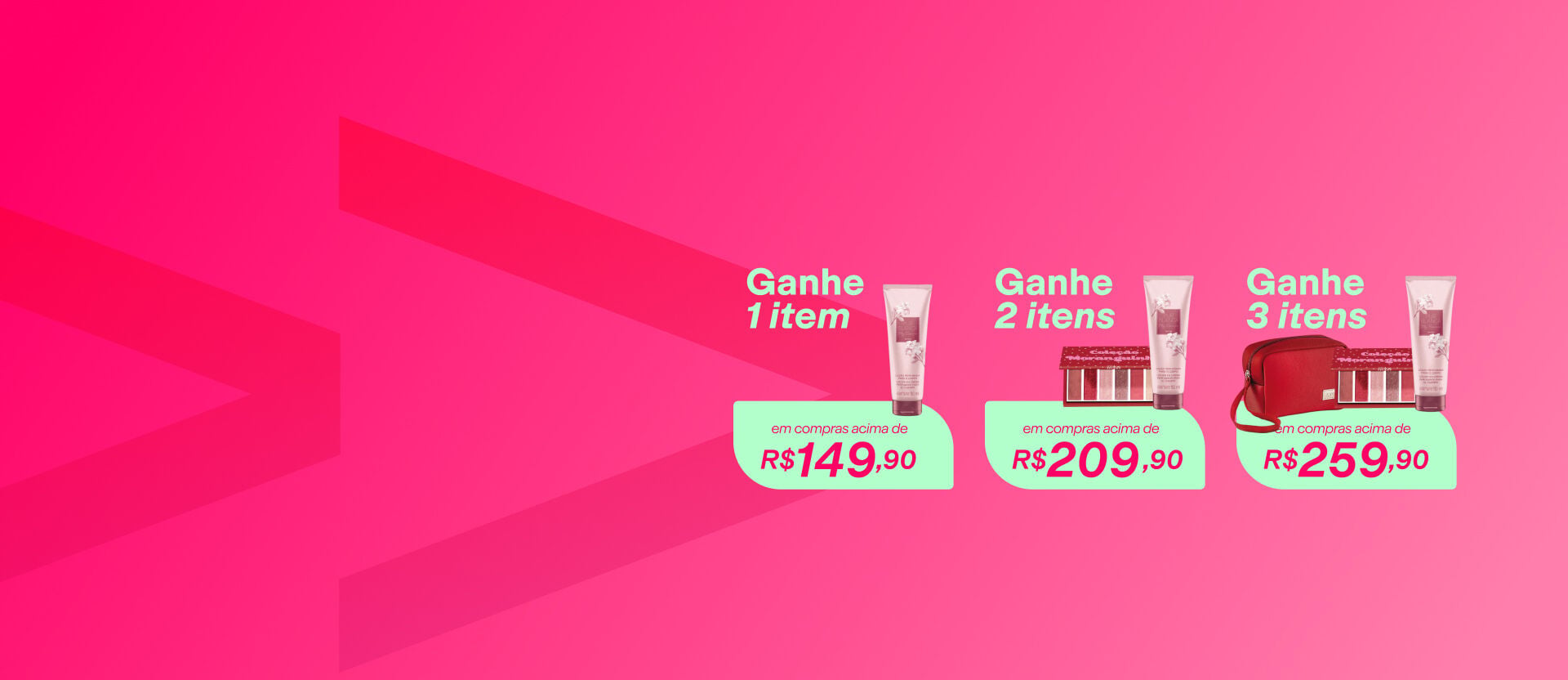 Itens Avon com o texto: Brinde Progressivo. Ganhe 1 item em compras acima de R$ 149,90. Ganhe 2 itens em compras acima de R$ 209,90. Ganhe 3 itens em compras acima de R$ 259,90. Fundo rosa com grafismos.