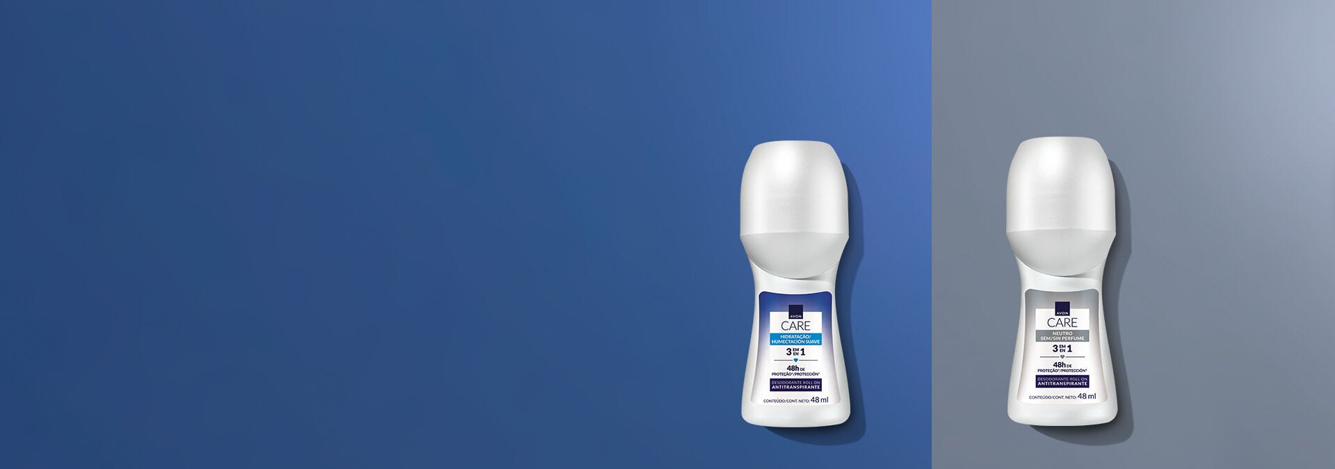 Banner com fundo azul escuro e claro. Elementos simples e limpos. Produtos: dois desodorantes roll-on Avon Care 3 em 1. Texto: "Frescor e proteção garantidos para o dia todo com nossos desodorantes."