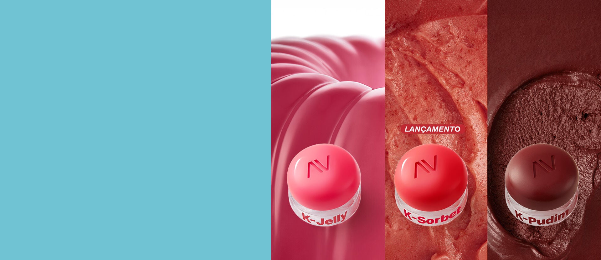 Embalagens Avon Balm Multifuncional K-Jelly sobre gelatina, K-Sorbet sobre sorvete e K-Pudim sobre textura marrom. Faixa azul-claro à esquerda. 