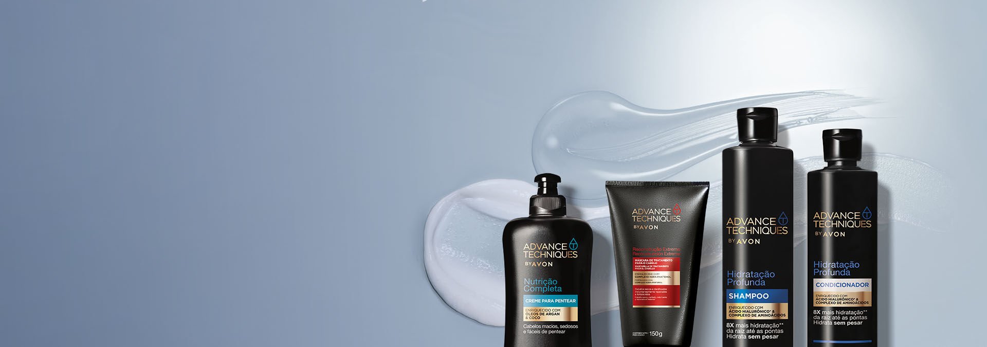 Banner com fundo cinza e textura suave. Produtos Avon Advance Techniques estão alinhados: shampoo, creme e óleos para cabelo. Texto: "Kits para cabelos - Cuide dos seus fios com produtos completos."