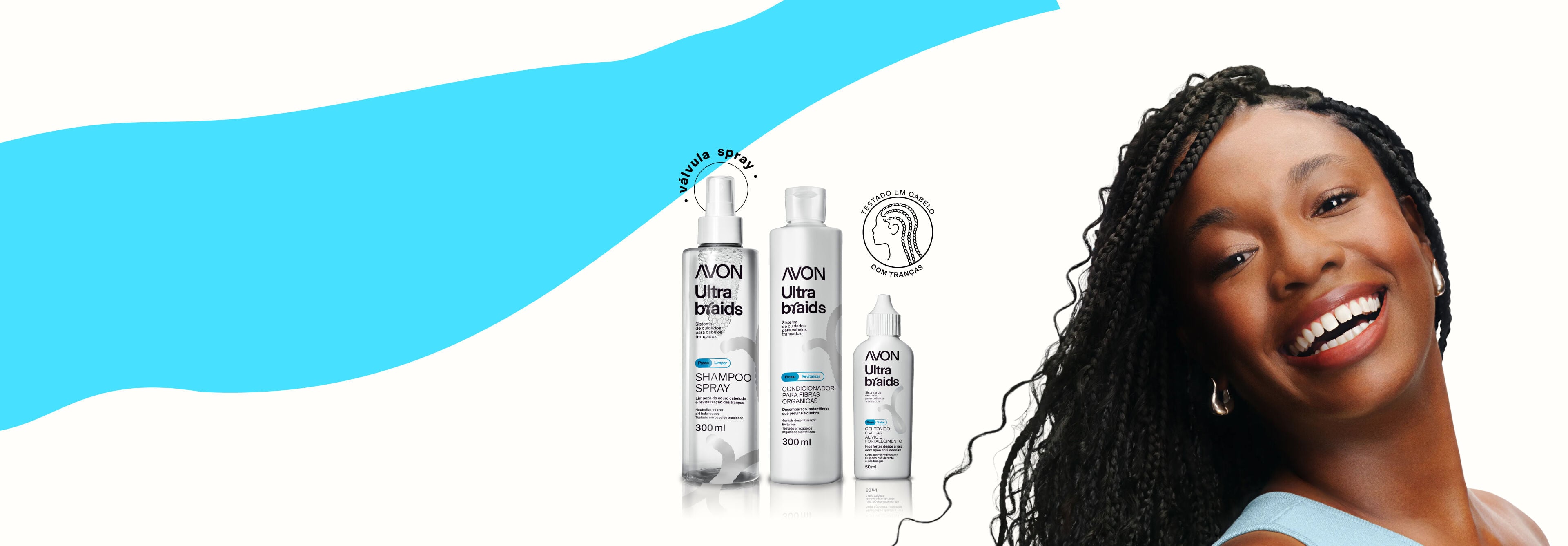Imagem de mulher negra com tranças que incluem cachos de fibra soltos. Ao lado, os produtos Avon Ultra Braids: Shampoo Spray, Condicionador para Fibras Orgânicas e Gel Tônico Capilar Alívio e Fortalecimento.