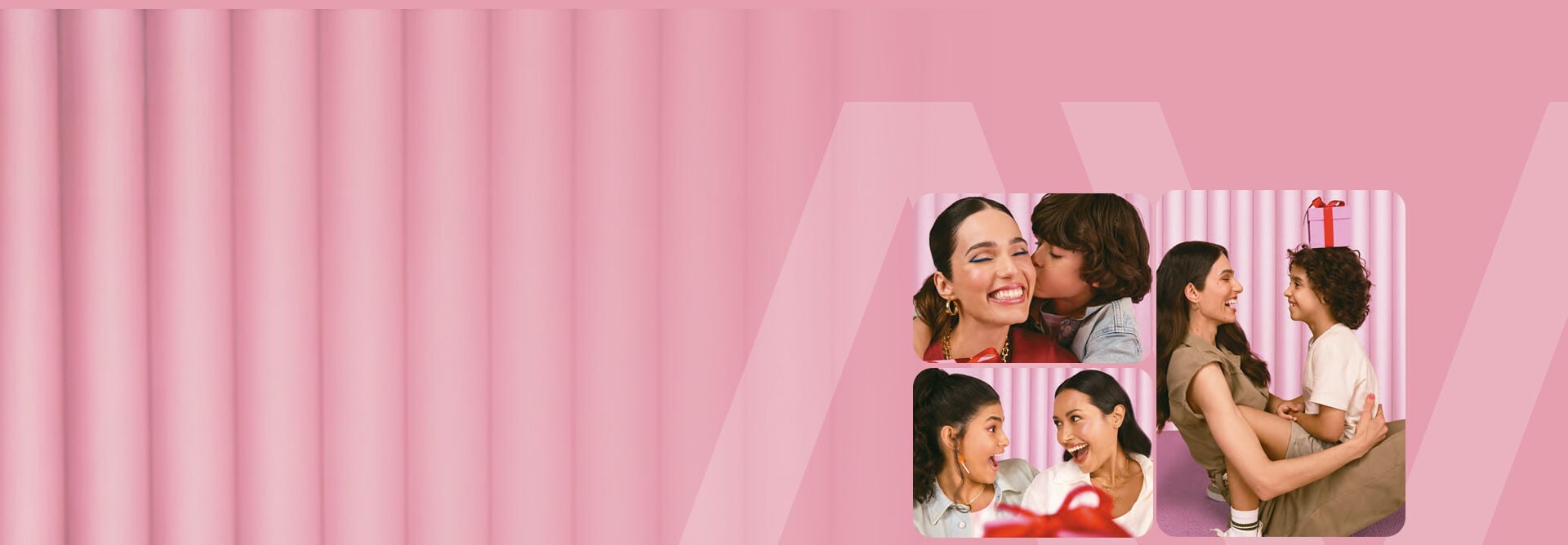 Três cenas de afeto com mulheres e crianças brancas sorrindo e interagindo com presentes. Fundo rosa com listras verticais. Color Trend Coffee Date: Multi Stick, Paleta de Sombras, Batom e Esmaltes, com selo “Lançamento”. Fundo marrom.