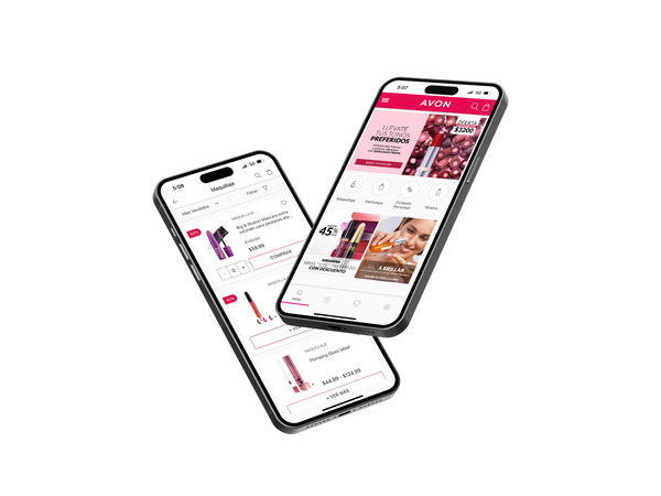 Banner que presenta un celular mostrando la app de Avon. El texto invita a descargar la app para elegir y comprar con descuentos. 