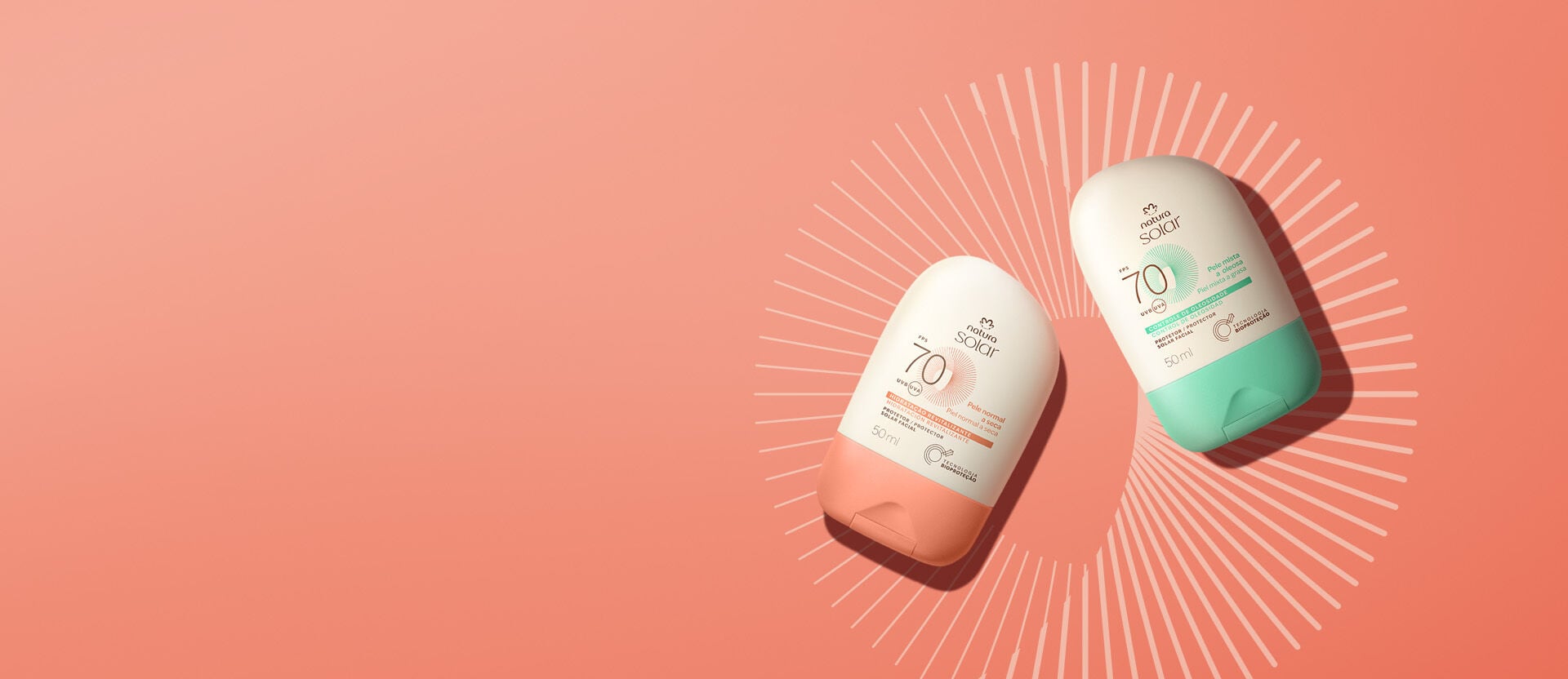 Natura Solar Protetor Solar Facial Pele Normal a Seca FPS UVB 70, com frasco branco e laranja, e Pele Mista a Oleosa FPS UVB 70, com frasco branco e verde, sobre fundo laranja com linhas brancas.