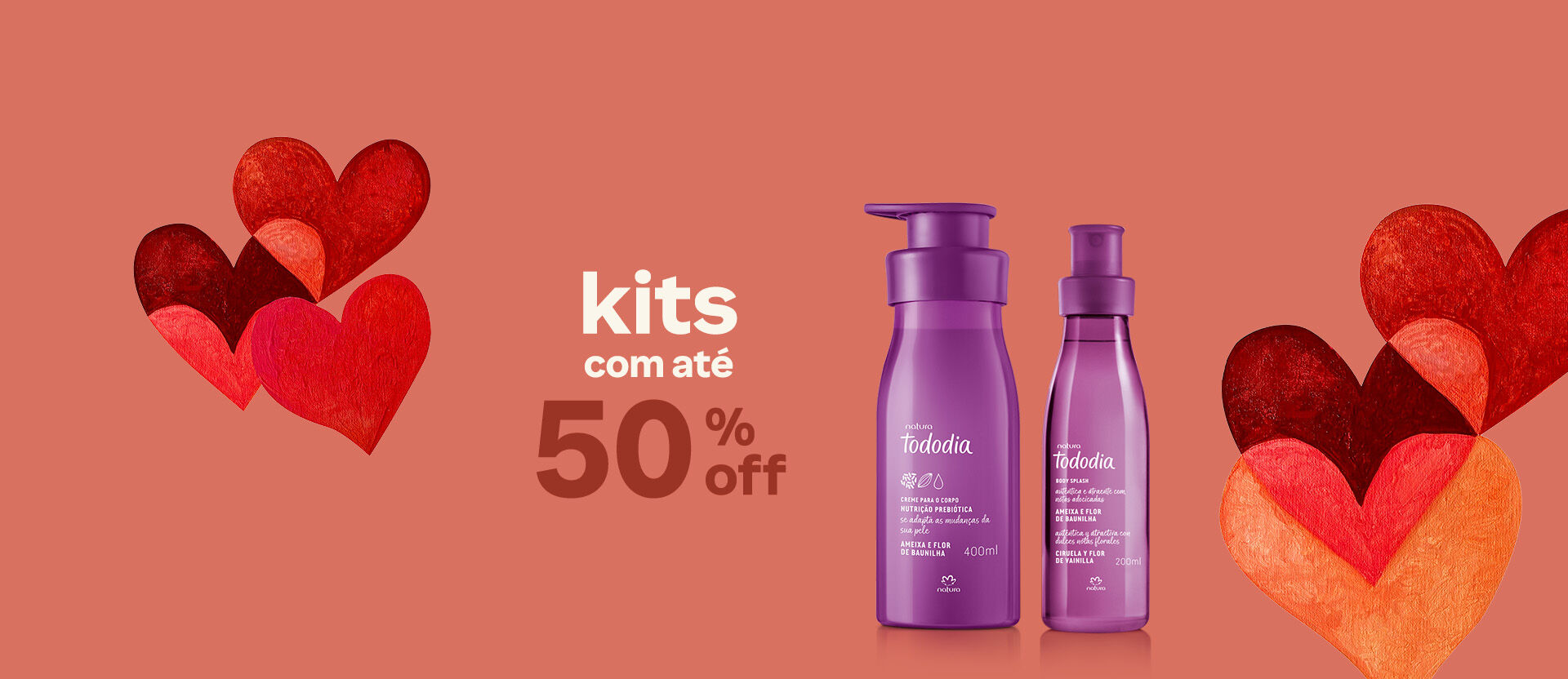 Itens Ekos Cacau: Manteiga para o Corpo e Colônia Frescor com o texto: “Primeira compra. 10% OFF na loja. Utilize o cupom PRIMEIRAML”. Fundo laranja com corações em tons de vermelho e laranja.