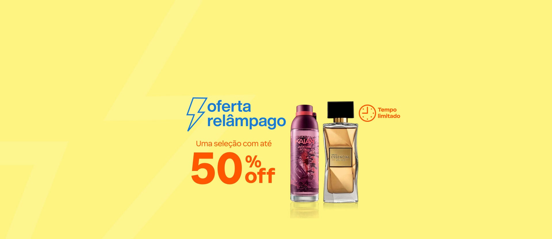 Imagem com textos "Oferta Relâmpago", "Tempo limitado" e "Mês do Cliente com até 50% OFF". Inclui os produtos Tododia Sabonete Líquido em Gel Alecrim e Sálvia e Creme Desodorante Nutritivo Para o Corpo Capim Limão e Hortelã.