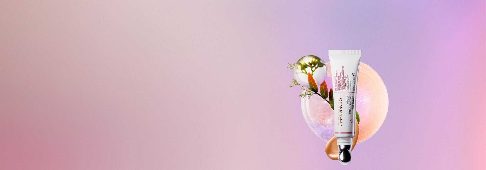 Fondo en tonos lilas y a la derecha el Sérum Intensivo para Bolsas y Ojeras Natura Chronos.