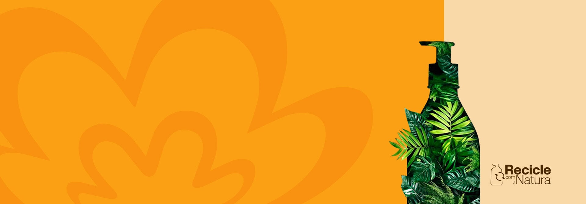Silhueta de produto Natura composta por folhas diversas, em fundo em dois tons de amarelo, e o desenho da marca Natura na base da imagem.