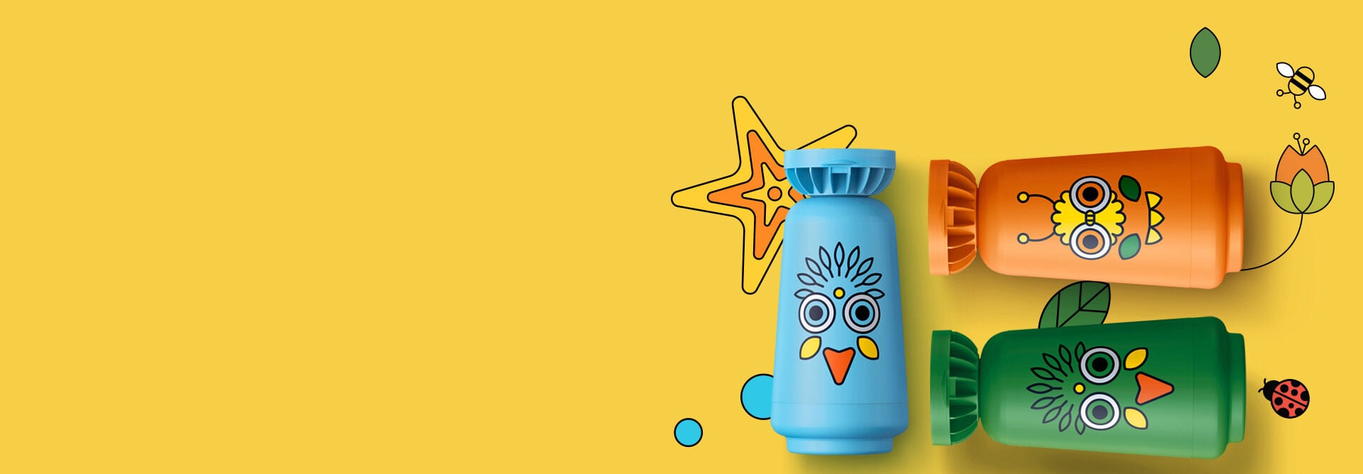 Shampoos Naturé Cabelos Lisos e Ondulados, 2 em 1 e Cabelos Cacheados e Crespos, com frascos azul, laranja e verde, em destaque sobre fundo amarelo decorado com flores, abelhinhas e estrelas-do-mar.