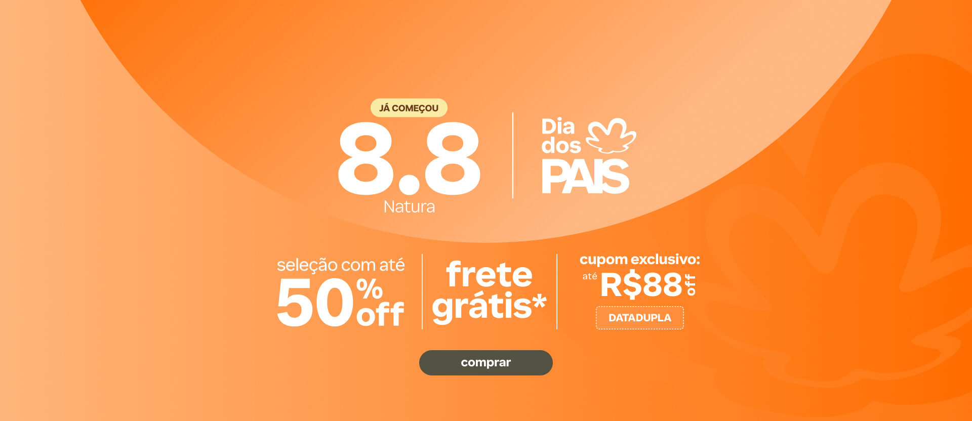 "Imagem em fundo laranja com o texto: ""Já começou 8.8 Natura Dia dos Pais. Seleção com até 50% OFF, frete grátis e cupom exclusivo DATADUPLA com até R$88 OFF"". Botão: comprar. "