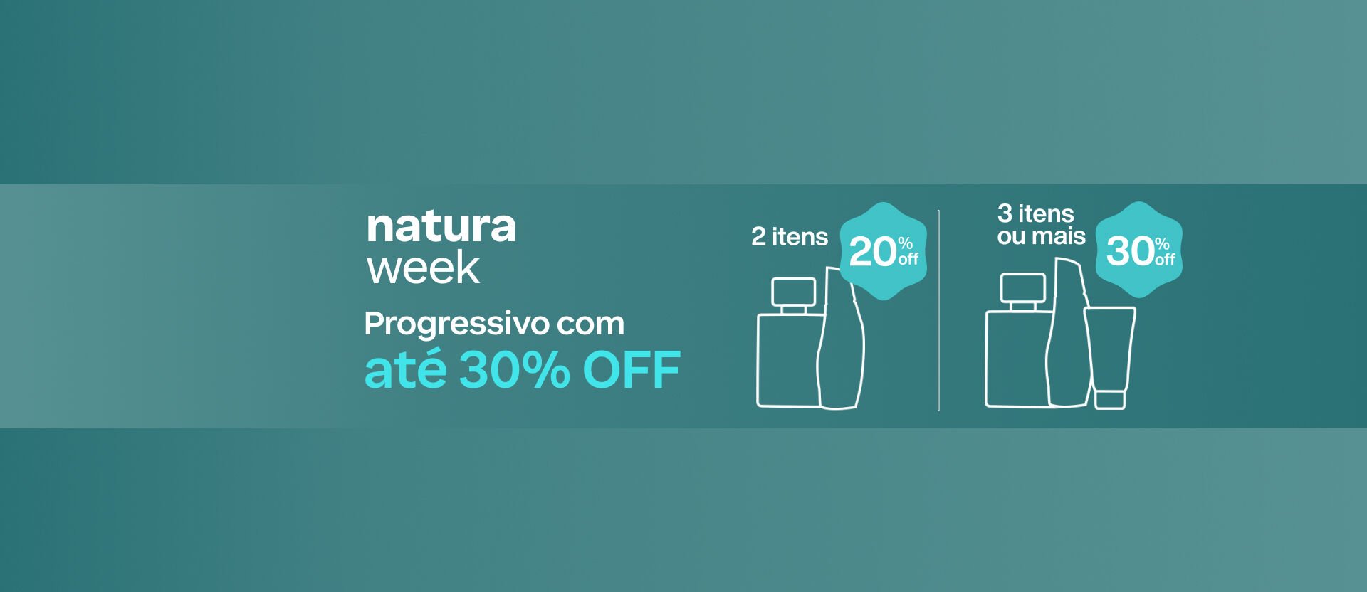 Silhuetas Natura com texto: Natura Week. Progressivo com até 30% OFF. 2 itens com 20% OFF. 3 itens ou mais com 30% OFF. Fundo verde-água.