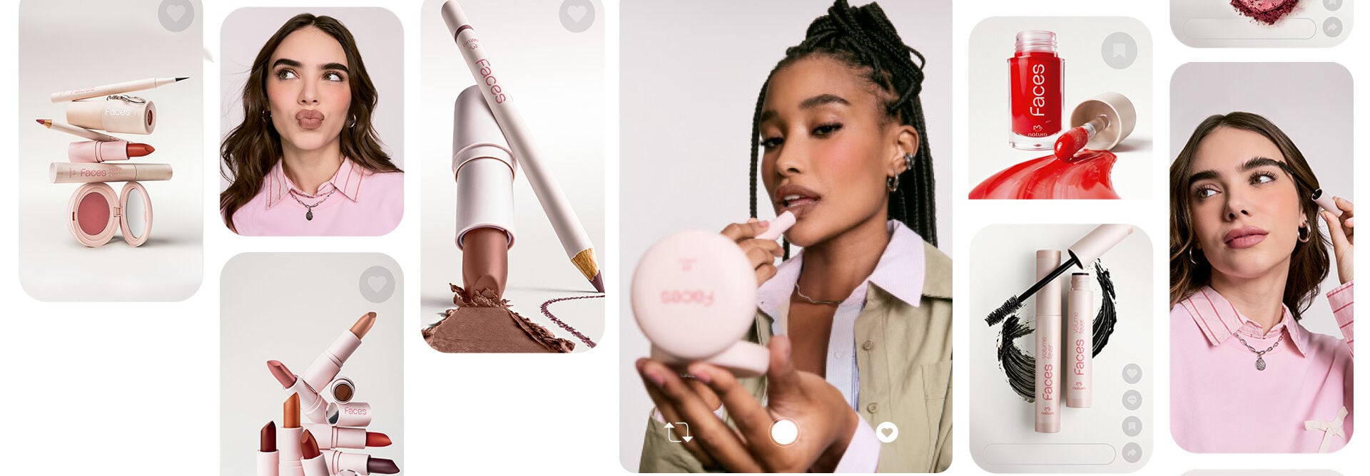 Fotos com mulheres e produtos de maquiagem de Natura Faces, como batons, blushes e máscara de cílios.