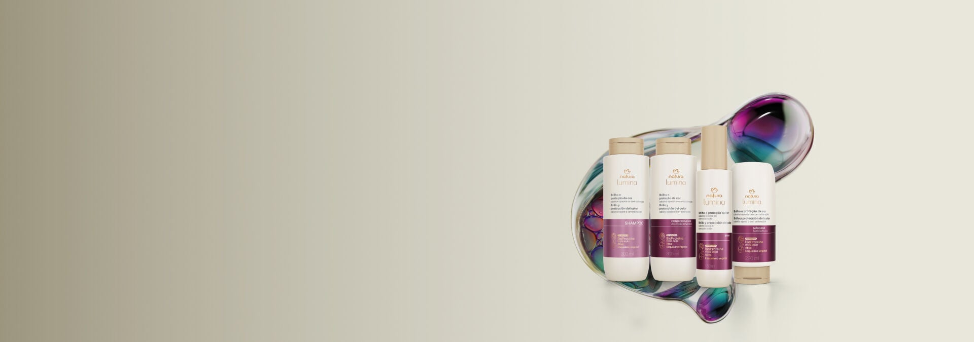 Imagem com fundo cinza e quatro produtos de Lumina Brilho e Proteção da Cor, com tecnologia da linha atrás.