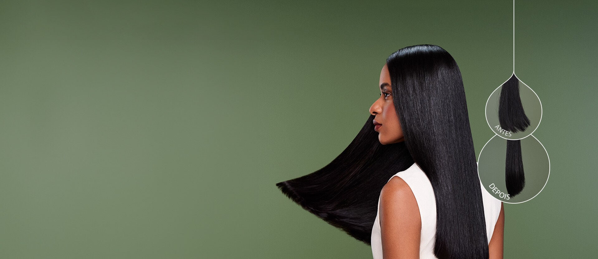Em fundo verde, mulher de costas com cabelos longos e lisos veste branco. À direita, detalhes de antes e depois de mecha de cabelo.