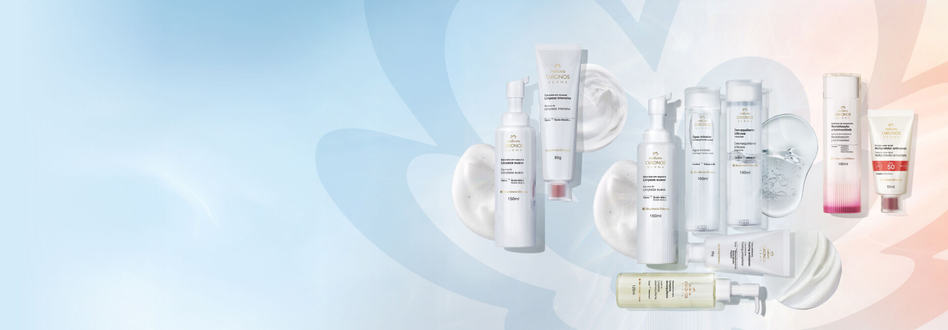 Produtos da nova linha Chronos Derma aparecem dispostos sobre rosácea em tons de azul-claro e rosa-claro.