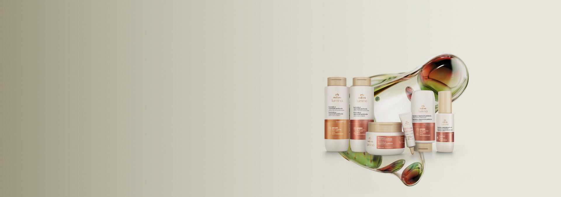 Imagem com fundo cinza e seis produtos de Lumina Nutrição e Reparação Profunda, com tecnologia da linha atrás.