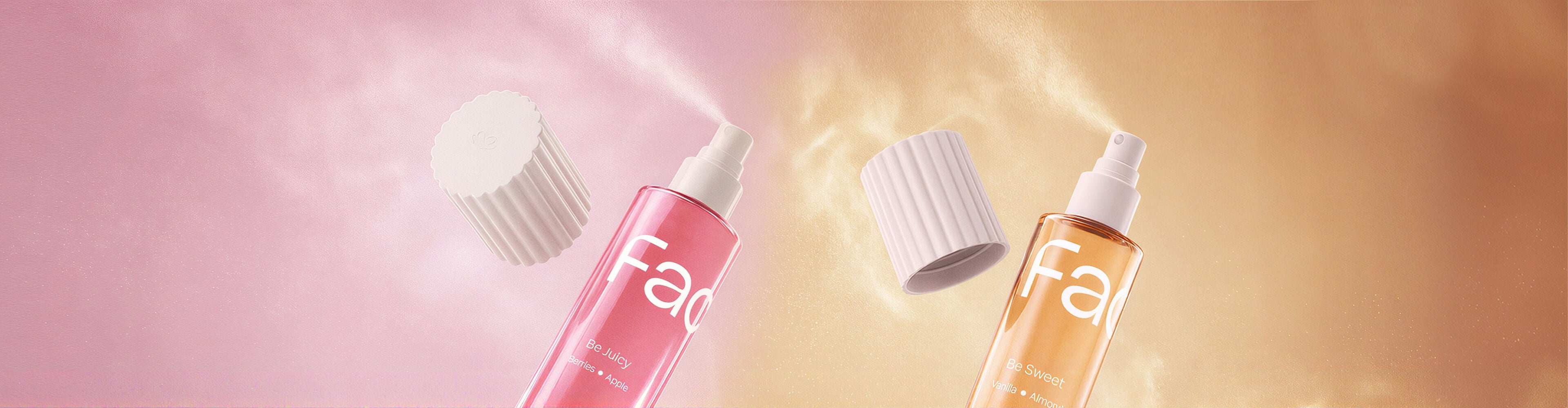 Imagem dividida ao meio por tons de rosa e amarelo, com o Body Mist Corpo e Cabelo Faces Be Juicy de um lado e o Be Sweet do outro. Os frascos estão destampados e borrifam fragrância no ar.