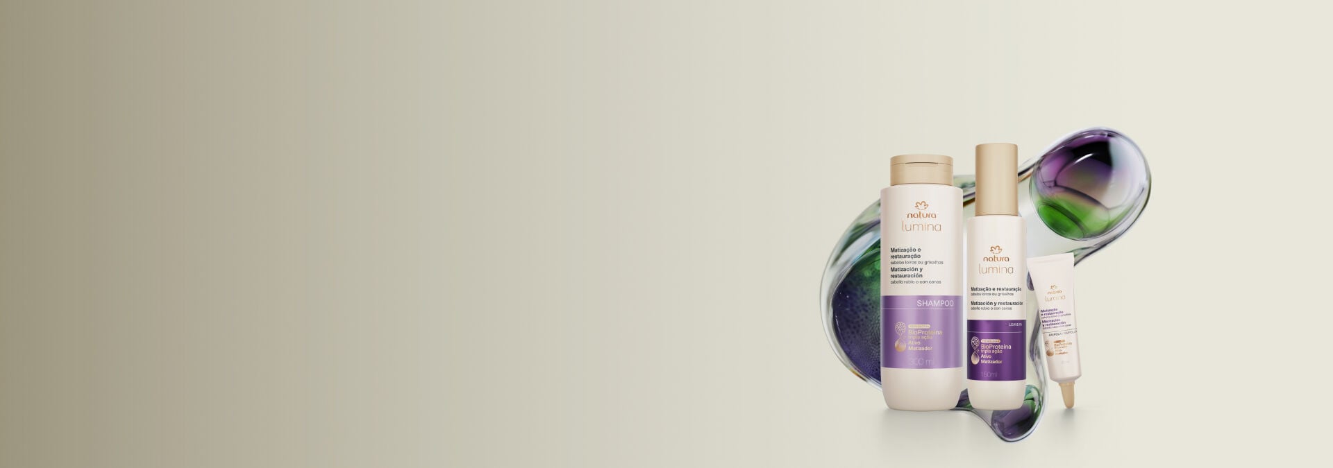 Imagem com fundo cinza e três produtos de Lumina Matização e Restauração, com tecnologia da linha atrás.