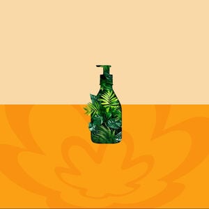 Silhueta de produto com folhas em fundo com rosácea em amarelo e amarelo-claro.