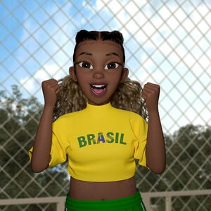 Nat Natura, uma mulher negra de pele retinta, sorri com entusiasmo e segura os punhos erguidos em comemoração. Ela tem cabelos cacheados com luzes loiras presos em dois totós no topo da cabeça. Veste uma camiseta cropped amarela de gola alta com a palavra "BRASIL" estampada em verde e shorts verdes.