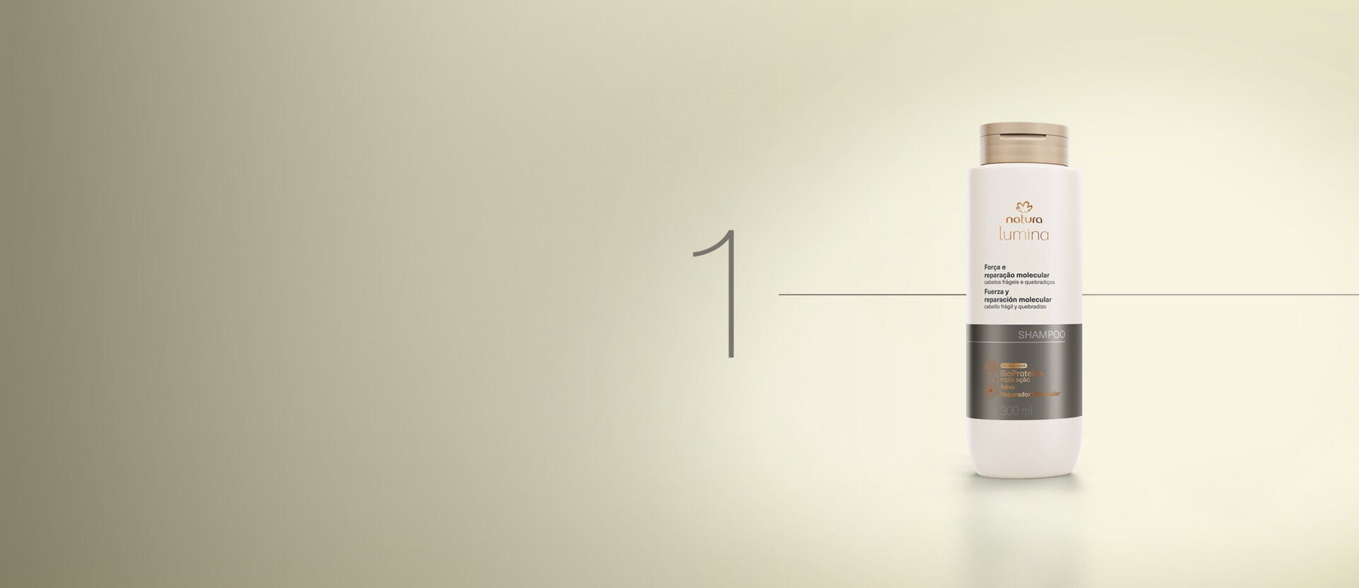Shampoo Natura Lumina em fundo em  tom creme, com o número 1 na imagem.