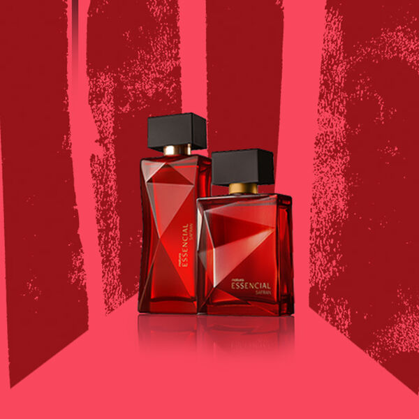 Deos Parfum Essencial Safran Feminino e Masculino, com frascos de vidro em tons de vermelho e tampas marrom, destacam-se sobre fundo vermelho com grafismos cor-de-rosa.