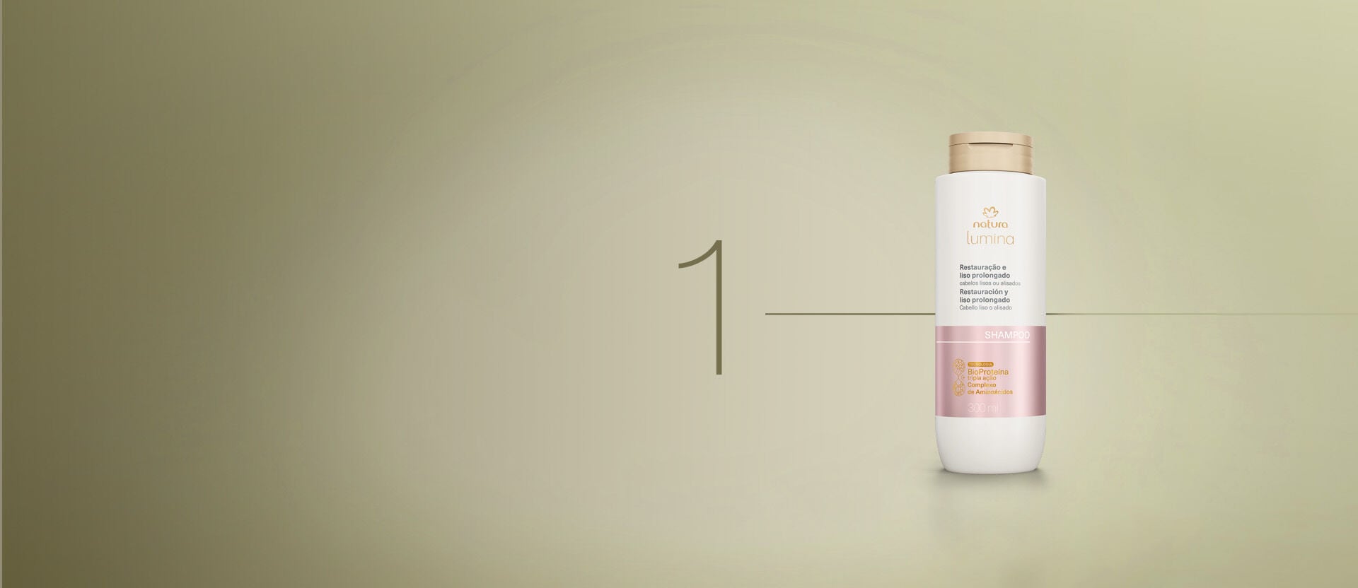 Em fundo verde, algarismo 1 com Shampoo Natura Lumina.