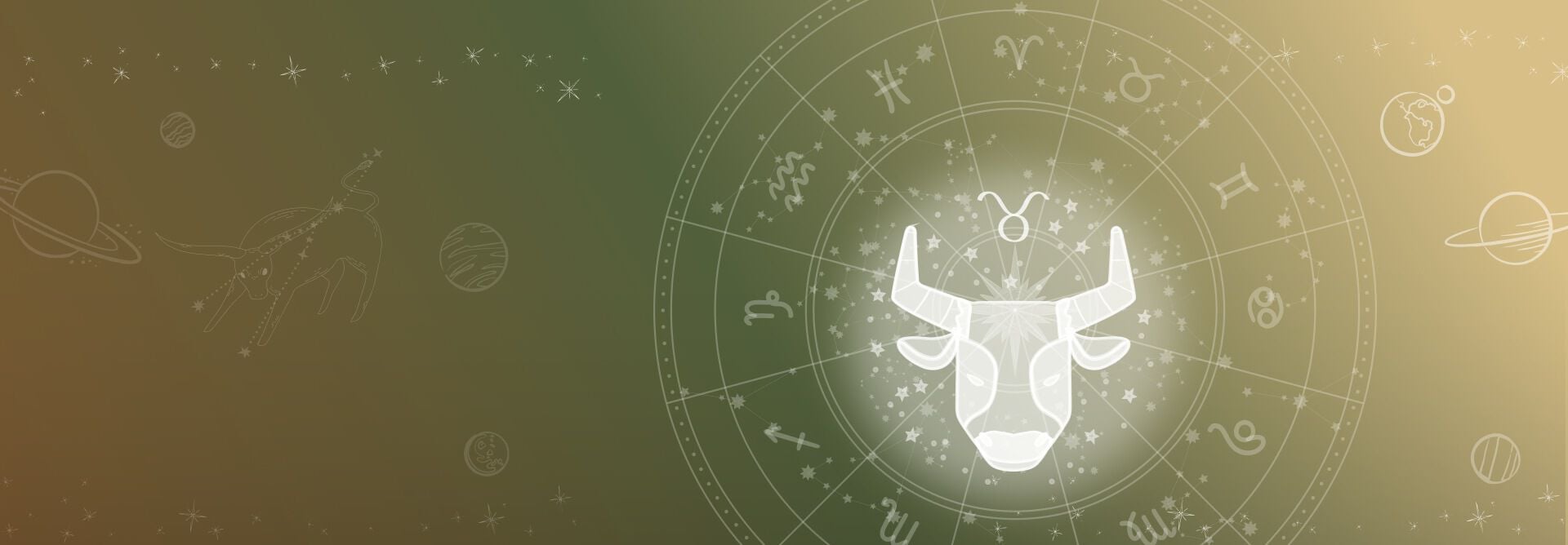 Ilustrações que remetem ao zodíaco e mapa astral com planetas e estrelas, com destaque para o signo de touro, à direita, em fundo em tons de verde.